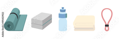 Fitness equipment and yoga accessories for a healthy lifestyle are neatly arranged in a flat lay illustration, representing a commitment to wellness and exercise.