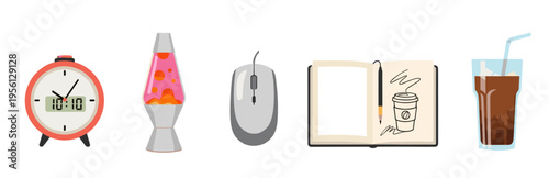 Collection of various everyday objects displayed together in a vibrant, flat design illustration, including an alarm clock, lava lamp, computer mouse, notebook, and iced coffee.