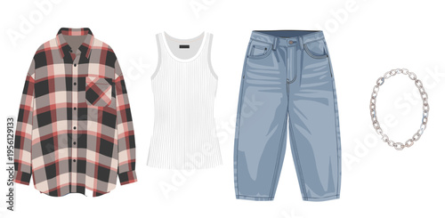 Fashionable clothing collection includes a plaid shirt, ribbed tank top, baggy jeans, and a stylish chain necklace, representing a trendy casual ensemble.