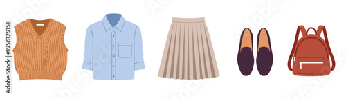 Fashionable clothing and accessories collection for modern style, featuring a sweater vest, shirt, pleated skirt, loafers, and a backpack, perfect for various casual and smart-casual looks.