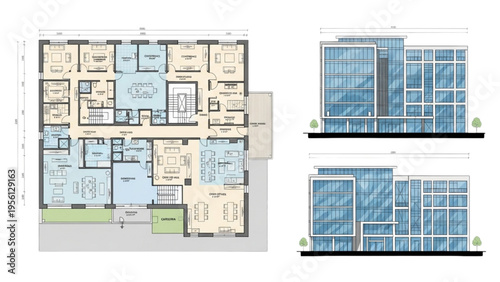 Architects design blueprints and elevations for modern office building complex