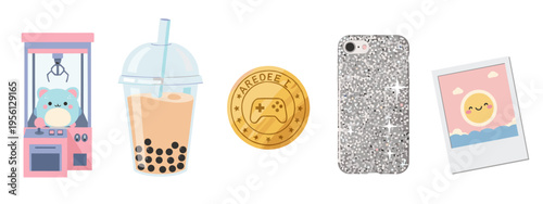 Collection of cute cartoon illustrations representing popular modern lifestyle items and entertainment concepts in a playful style.