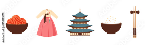 Korean culture symbols, including traditional food, clothing, and architecture, are beautifully illustrated in a flat design style.