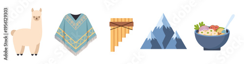 Andean cultural elements and symbols are beautifully illustrated together, featuring a llama, poncho, pan flute, mountains, and traditional food.