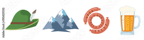German cultural symbols, including a traditional Tyrolean hat, majestic mountains, tasty sausages, and a refreshing beer mug, celebrating Bavarian traditions.