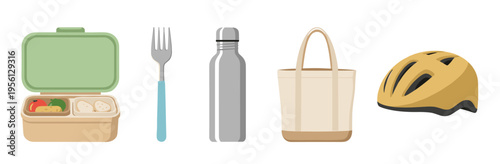 Sustainable lifestyle essentials including a lunchbox, fork, water bottle, tote bag, and bicycle helmet for daily eco-conscious living.