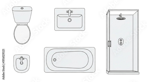 Bathroom fixtures including toilet, sink, bathtub and shower are illustrated