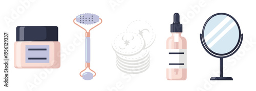 Skincare beauty products collection including a cream jar, facial roller, cotton pads, serum bottle, and a mirror for daily routine.