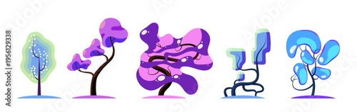 Set of cartoon trees with unusual shapes. Vector illustration. Game elements.