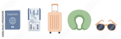 Essential travel items for a global journey, including a passport, airplane ticket, rolling luggage, neck pillow, and stylish sunglasses, ready for adventure.
