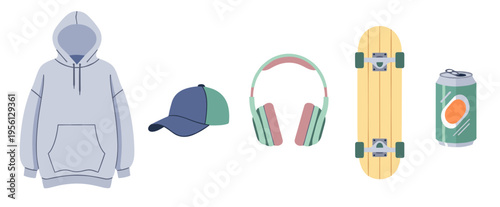 Youth lifestyle accessories including a hoodie, baseball cap, headphones, skateboard, and soda can, representing modern casual culture.