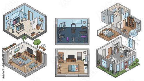 The isometric illustration showcases various interior designs of modern homes with furniture and decor in different rooms and layouts.