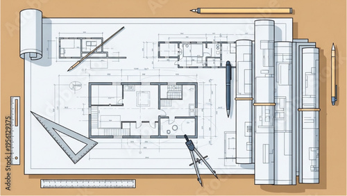 Architects design blueprint plans with tools on a table indoors