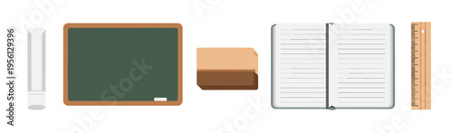 School supplies for education and learning activities, including a chalkboard, chalk, eraser, open notebook, and ruler, arranged neatly.