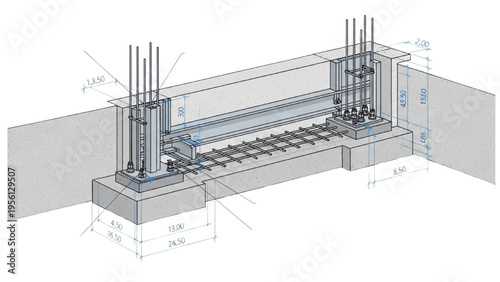 Engineers design a reinforced concrete foundation with steel beams and columns