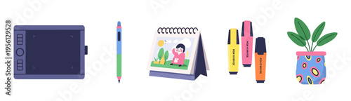 Creative workspace items including a graphic tablet, stylus, calendar, highlighters, and a potted plant arranged for artistic and productive endeavors.