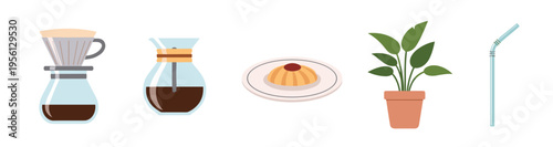 Coffee and cafe essentials flat design illustration set featuring various items like pour-over brewers, a dessert, a potted plant, and a reusable straw, perfect for modern lifestyle concepts.