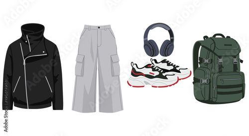 Stylish casual fashion accessories and clothing items arranged together, including a black jacket, grey cargo pants, chunky sneakers, headphones, and a green backpack.