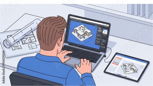 Man working on laptop with architectural plans on screen and tablet nearby