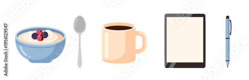 Bowl of yogurt with berries, a spoon, a coffee mug, a tablet device, and a pen are neatly arranged, representing a modern breakfast and work routine in a clean, illustrative style.