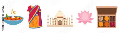 Traditional Indian symbols and cultural elements are presented together in a colorful flat design illustration, showcasing the rich heritage of the country.