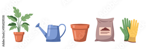Gardening tools and supplies including a potted plant, watering can, empty pot, soil bag, and gloves are ready for spring planting.