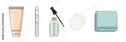 Various beauty and personal care items are neatly arranged, including a cream tube, nail file, cuticle oil, cotton pads, and folded towels, representing a complete self-care routine.