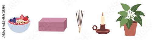 Vibrant collection of wellness and self-care items promotes a healthy, balanced, and mindful lifestyle with elements of nature and relaxation.