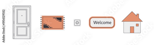 Home entrance elements set featuring a door, doormat, welcome sign, and house icon, representing concepts of arrival and hospitality.