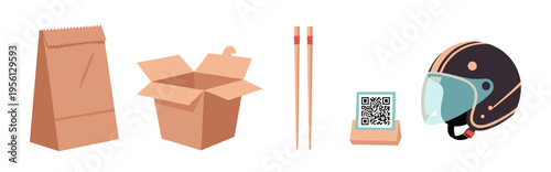 Food delivery items including a paper bag, open box, chopsticks, QR code, and helmet, representing modern takeout and online ordering services.