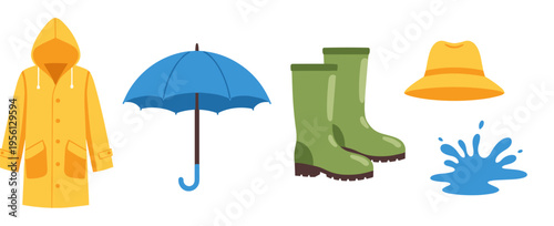 Raincoat umbrella boots hat splash are essential items for staying dry and comfortable during rainy weather conditions, perfect for outdoor adventures and puddle jumping.