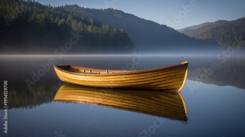 skiff. A slender wooden skiff floats on a mirror-calm lake at dawn, surrounded by a serene, misty morning atmosphere. travel magazines.