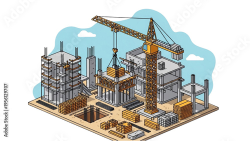 Construction workers build a large industrial site with a crane