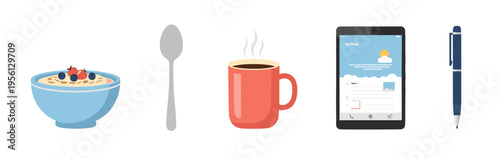 Breakfast items, hot coffee, digital tablet, and pen are essential elements for a productive and connected modern morning routine.