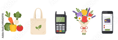 Collection of diverse commerce and lifestyle items for modern shopping needs, including fresh produce, a reusable bag, a payment terminal, a flower bouquet, and a smartphone.