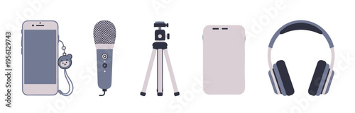 Digital content creation tools and devices for modern communication, podcasting, vlogging, and online media production in a minimalist illustration style.