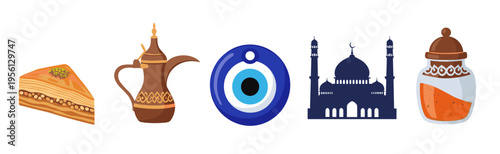 Middle Eastern cultural symbols and traditional items are beautifully illustrated in a vibrant collection representing the region's rich heritage.