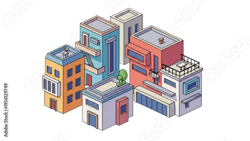 A group of colorful buildings stand together in an urban cityscape scene.