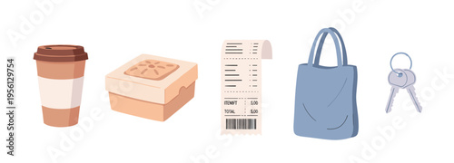 Everyday essentials like a coffee cup, takeout box, shopping receipt, reusable tote bag, and keys symbolize daily routines and consumer habits.