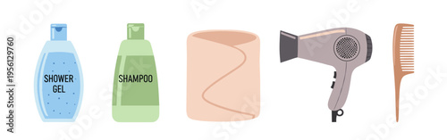 Bathroom and personal care items, including shower gel, shampoo, a towel, hair dryer, and comb, are neatly arranged in a flat vector illustration.