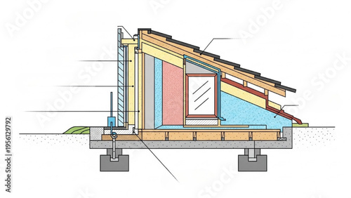 A detailed cross-section illustration of a modern house foundation and roof structure