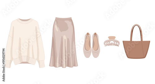 Women's minimalist fashion collection featuring comfortable sweater, elegant midi skirt, ballet flats, hair clip, and a stylish tote bag in neutral tones.