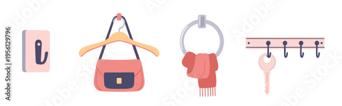 Various hooks hangers and items for home organization showcasing practical solutions for tidying up everyday belongings and accessories in a household.