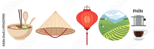 Vietnamese cultural elements and traditional symbols are beautifully illustrated in a vibrant collection representing the country's rich heritage and iconic imagery.