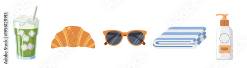 Summer holiday travel items collection of a refreshing drink, delicious croissant, stylish sunglasses, striped towel, and essential sunscreen.