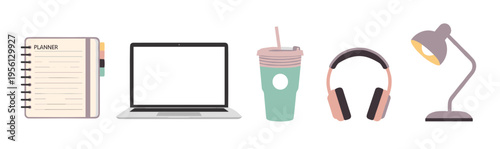 Planner, laptop, reusable cup, headphones, and desk lamp are neatly arranged in a row, representing modern work and study essentials.