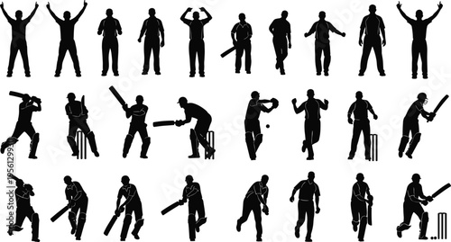 Black silhouette cricket players in action poses, batting, bowling, fielding, celebration vector illustration for posters, sports branding, and web.