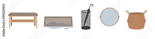Various essential entryway items including a shoe bench, boot tray, umbrella stand, round mirror, and woven basket, depicted in a clean flat illustration style.