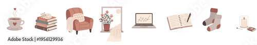 Cozy home elements collection featuring a warm cup of coffee, books, a sleeping cat, an armchair, a plant, a laptop, a notebook, socks, and a candle.