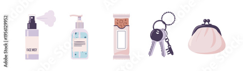 Everyday essentials collection featuring a face mist, hand sanitizer, snack bar, keys, and a small coin purse, representing daily personal items.